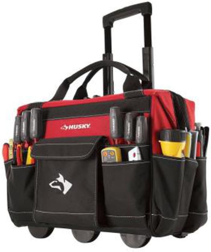 Husky rolling tool box with multiple drawers on locking casters in a garage workshop